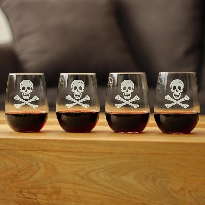 Skull and Crossbones Wine Glass Engraved in Colorado - 17 oz - Set of 4 | Bevvee Gift ideas for pirate enthusiast or sailor who loves skull glassware. Wine glass drinkware for home bars and parties - Image 2