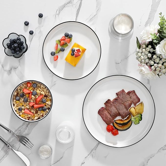 MALACASA 18 Pcs Porcelain Plates and Bowls Sets,Dinnerware Set for 6,White | Modern Ceramic Dishware Set,Kitchen Dining Ware,Microwave and Dishwasher Safe,Simple White with Black Trim Design,Series LUNA - Image 7