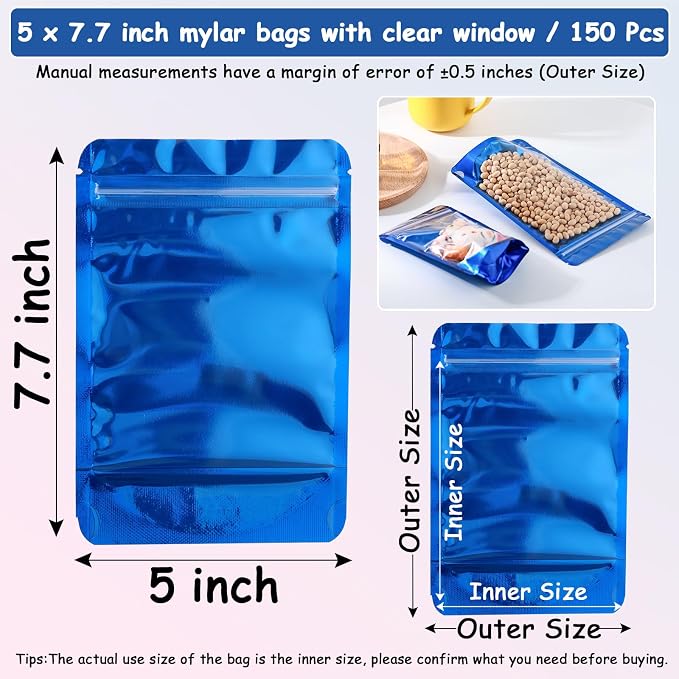 150 Pcs Mylar Bags for Food Storage, 5x8 Mylar Bag with Window Stand Up, Small Holographic Resealable Bags Smell Proof Bag Food Packaging for Small Business Freeze Dried Candy Jewelry Foil Packaging - Image 5