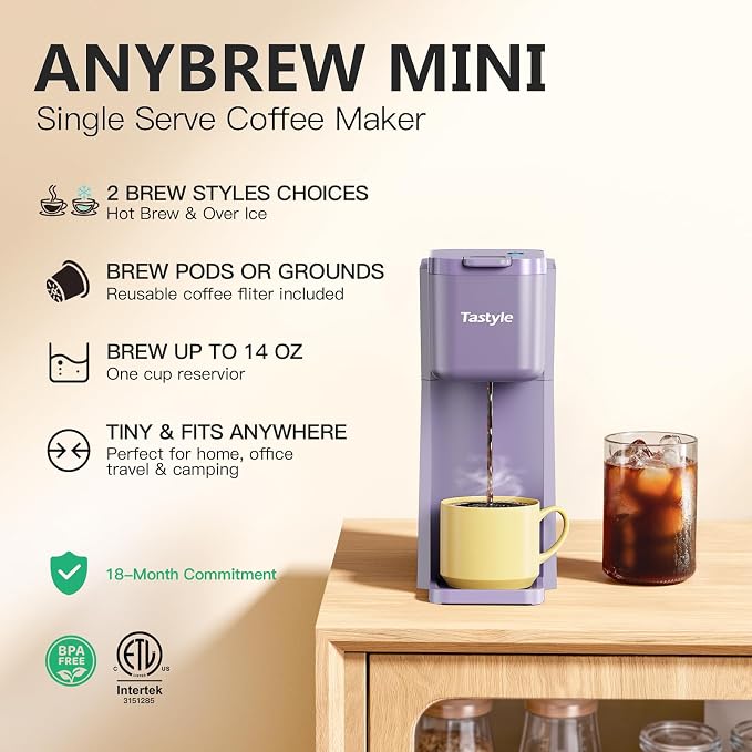 Tastyle Mini Single Serve Hot and Iced Coffee Maker for K Cup and Ground | 6 to14 Oz Brew Sizes, with Recipe Book, for Home, Travel, RV, Office and Dorm, 120V, K310IC, 2.0 version, Violet - Image 2