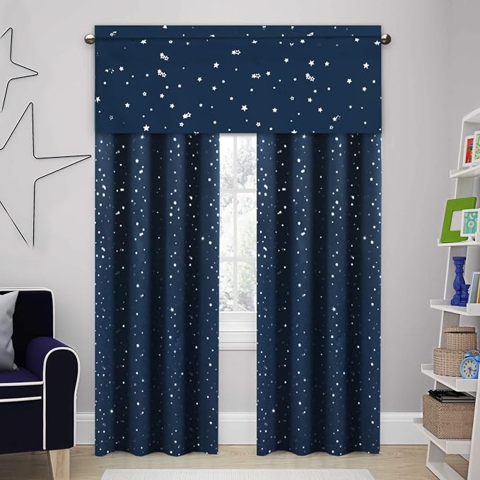 H.VERSAILTEX Blackout Curtain Valances for Kitchen Window/Living Room/Bathroom Privacy Added Rod Pocket Home Decoration Winow Valance, 52" W x 18" L, Glitter Stars in Navy Base (Pack of 4) - Image 8