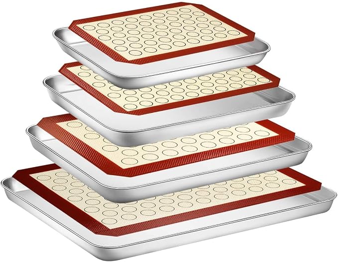 Baking Sheet with Silicone Baking Mat Set, Stainless Steel Cookie Sheet Pan | Baking Pans with Reusable Silicone Mats, Set of 8 (4 Sheets + 4 Mats), 9/10/12/16 inch, Non Toxic & Heavy Duty & Easy Clean by Yododo