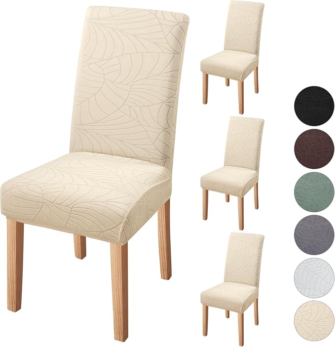 Fuloon Chair Covers for Dining Room 4 Pack, Solid Stretch Dining Chair Covers, Washable Kitchen Slip Covers, Jacquard Parson Chair Covers Set of 4(Leaf Jacquard Beige, 4 Pack) by Fuloon