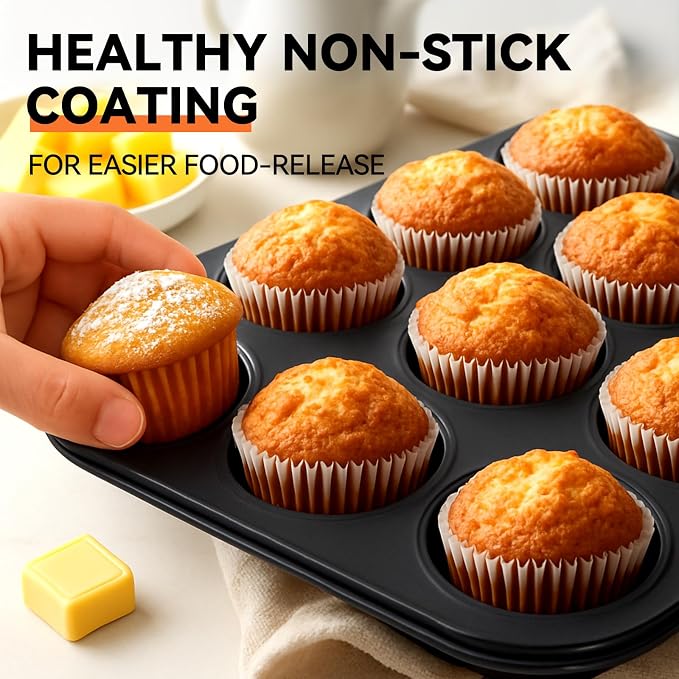 Yoehka 2 Pack Muffin Pan for Baking, Non-stick Cupcake Pan Set, Black | Standard 12-Cups Muffin Tin for Baking Cupcakes, Carbon Steel Baking Supplies - Image 6