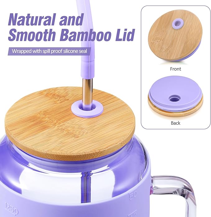 50 oz Glass Water Bottles with Silicone Sleeve,Glass Tumbler with Lid and Straw,Iced Coffee Cup with Handle,BPA Free-Purple