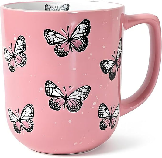 16oz Ceramic Coffee Mug for Office and Home, Hand Painted with Handles Tea Cup, Cute Vintage Butterfly Mug,Best Gifts for Women and Men,Dishwasher Microwave Safe (Light Pink) by Muujun