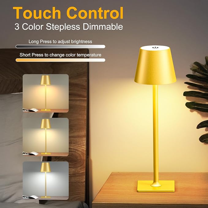 Yogaret Gold Rechargeable Cordless Table Lamp, Battery Operated, 2 Pack | 6000mAh battery lamps waterproof wireless portable design for outdoor patio, dining tables, kitchens, restaurants home bar - Image 6