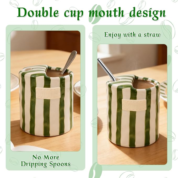 Ceramic Coffee Mug with Sip Hole 10oz Cute Espresso Cup | Unique Hand-Drawn Green and White Striped Design, Microwave and Dishwasher Safe, for Kitchen Dining, Office, Holiday Gift - Image 7