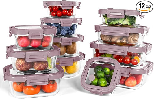 12-Pack Glass Containers with Tempered Lids – Borosilicate, Oven-Safe(-4°F~950°F), Airtight, BPA-Free, Multi-Size for Meal Prep, Dishwasher Safe, 1.6 cups to 6.4 cups (Pink) by BOROHOUSE