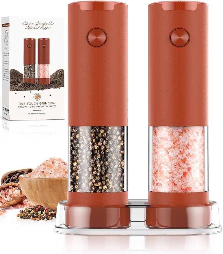 Electric Salt and Pepper Grinder Set Automatic Battery Pepper Mill Shakers Adjustable Coarseness Upgraded Larger Capacity with Led Home and Kitchen Appliances(Wine Red) by ioion