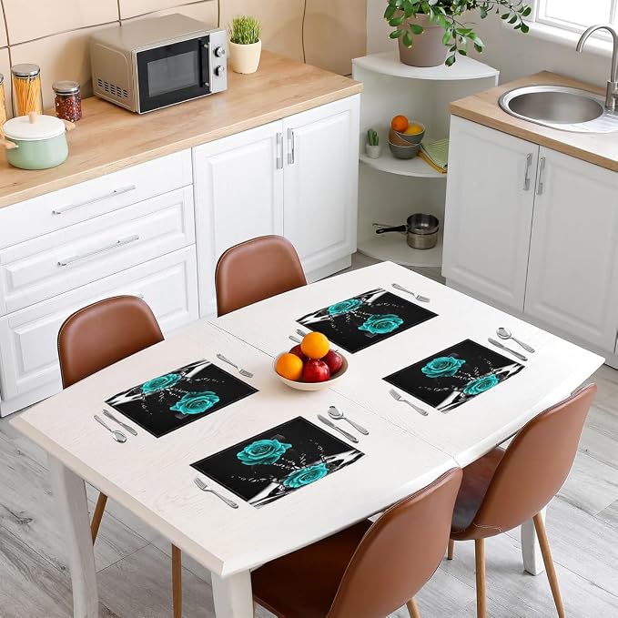 Feelyou Teal Rose Table Place Mats Romantic Floral Blossom Placemats Set of 4 for Boys Girls Black Teal Placemat for Kitchen Dining Table for Lover Indoor Outdoor Decor Table Mats 18"x12" - Image 3