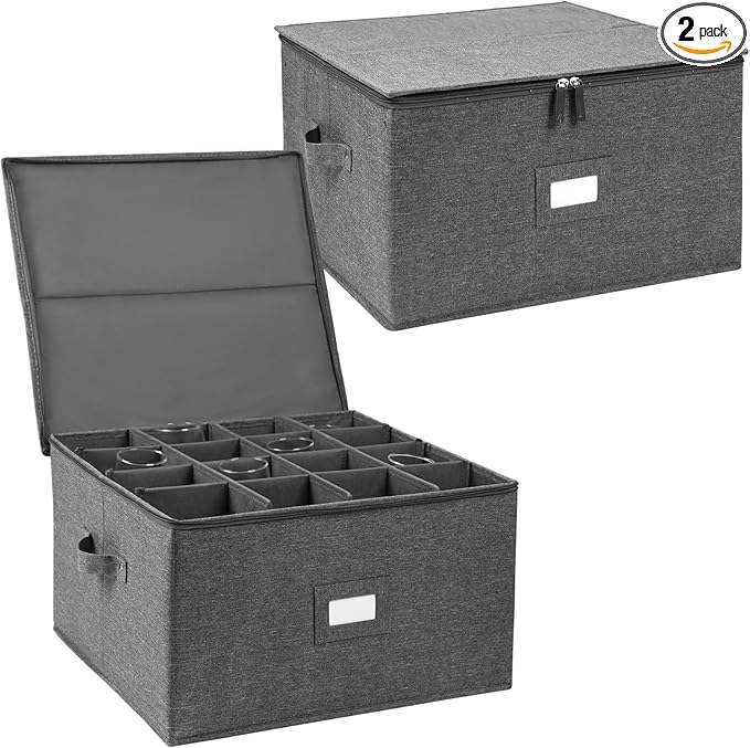 popoly Stemware Storage Cases 2 Pack, Wine Glass Storage Box Containers | Glassware Storage Containers for Glassware or Crystal, Holds 32 Red or White Wine Glasses, Hard Top and Stackable (Grey) by popoly