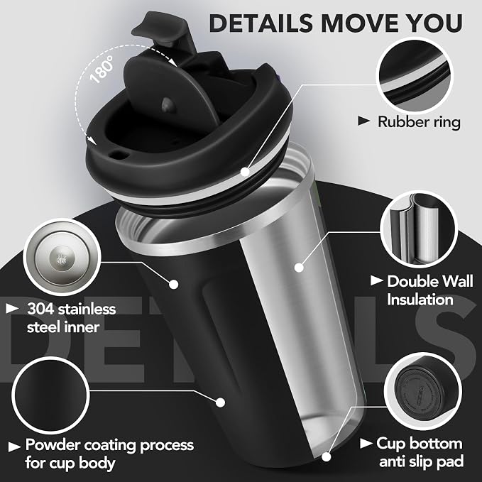 Volhoply 12 oz Double Wall Insulated Vacuum Travel Coffee Mug with Flip Lid,Reusable Stainless Steel Leak Proof Coffee Cup,Portable Iced Cafe Thermal Tumbler Suitable for Hot&Cold Drinks(Black,1 Set) - Image 4
