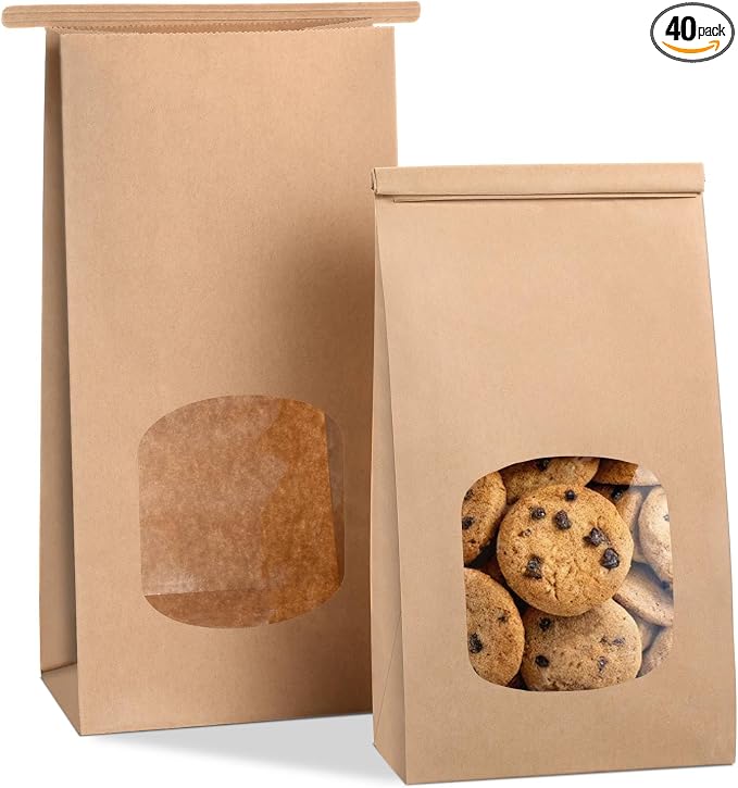 Brown Paper Bakery Bags with Window for Cookies, 4.5x2.36x9.6 inches, 40 Pack with Tin Tie Tab Lock, Brown Paper Bags for Cookie Coffee Bread Bakery Packing by Cupplation