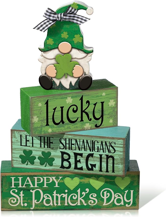 Moucuny 4 Pcs St. Patrick's Day Table Decoration Irish Tiered Tray Decor Wooden Gnome Shamrocks Block Signs Happy St. Patrick's Day Centerpiece for Tables Irish Wooden Sign for Home Decor by Moucuny