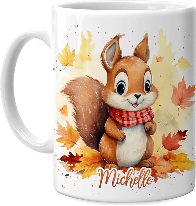 Hyturtle Personalized Fall Squirrel Coffee Mug, Fall Autumn Décor | Birthday Gifts For Squirrel Lovers - Unique Gifts For Farmhouse Thanksgiving - Custom Name 11oz White Ceramic Coffee Tea Mug by Hyturtle