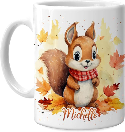 Hyturtle Personalized Fall Squirrel Coffee Mug, Fall Autumn Décor | Birthday Gifts For Squirrel Lovers - Unique Gifts For Farmhouse Thanksgiving - Custom Name 11oz White Ceramic Coffee Tea Mug by Hyturtle