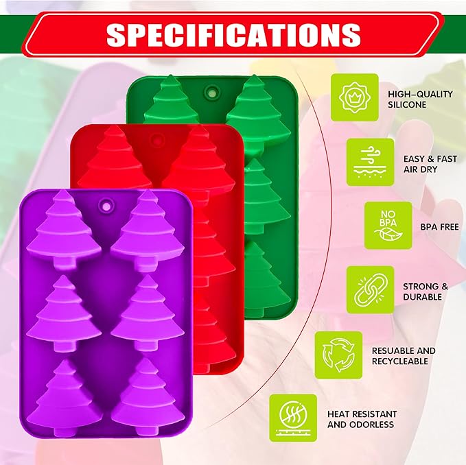 3 Pack Christmas Tree Silicone Molds,6 Cavity Baking Trays Christmas Trees for Holiday Candies,Gummy,Chocolates and More - Red, Green, Purple