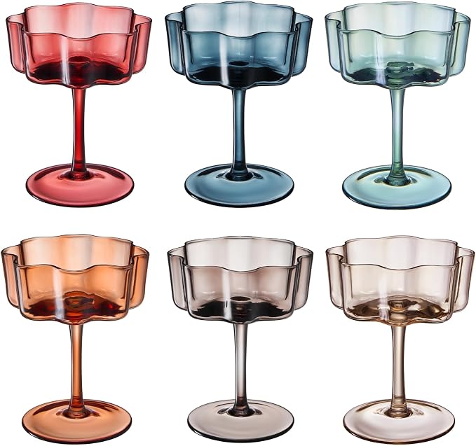 Flower Scalloped Vintage Wavy Petals Wave Glass Coupes 7oz Colorful Martini, Champagne & Cocktails, 6 Set Muted Pastel Shades Rippled Champagne Glasses, Elegant Bar Glassware, Aesthetic Cute Coupe - Image 9