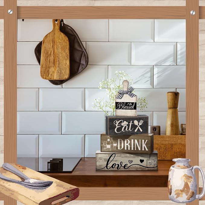 Moucuny 4 Pcs Farmhouse Kitchen Decor Wooden Plate Farmhouse Table Decor Black Brown and White Plate Tableware Centerpiece Rustic Decorative Plates Block Sign for Display Cabinet Kitchen Decoration - Image 5