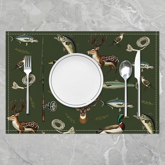 Feelyou Hunting and Fishing Placemats Set of 4 Big Bass Pike Fish Table Mats for Party Kitchen Dining Decoration Deer Hunting Place Mat for Table Holiday Decor Indoor Outdoor 18"x12" Non-Slip - Image 2
