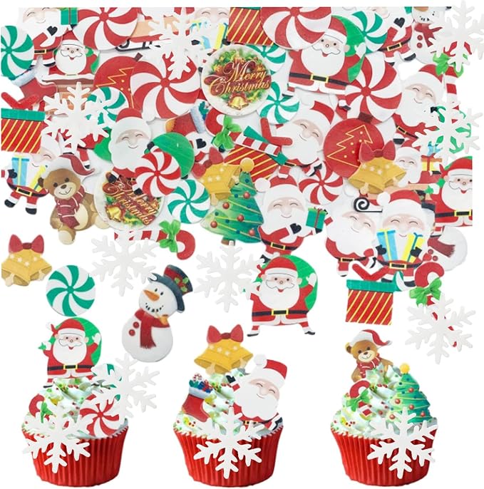 64PCS Christmas Edible Cake Topper Decorations Santa Claus Snowflakes Cupcake Toppers Wafer Paper by Weraru