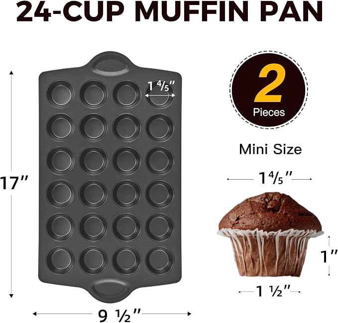 Mini 24 Muffin & Cupcake Pans with 240 Liners, Nonstick, Non-toxic | Heavy-duty Small Cheesecake Tray with Ear Shaped Wider Grips, 1.8dia, Grey, Premium - Image 7