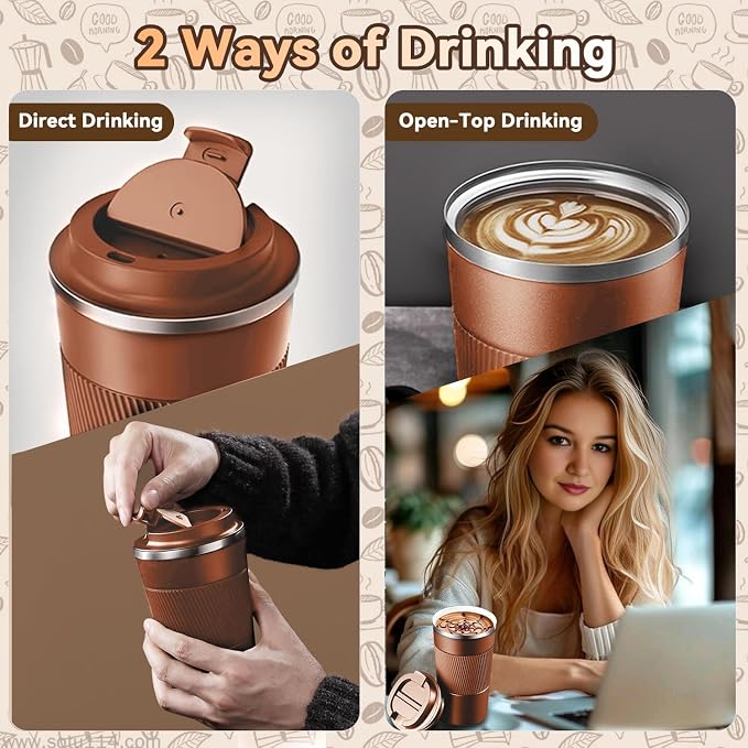 12OZ Travel Coffee Mug Insulated Coffee Cup with Spill Leak Proof Lid, Portable Stainless Steel Tumbler Reusable Hot and Cold Water Mug for Car, Daily, Camping- Coffee - Image 8