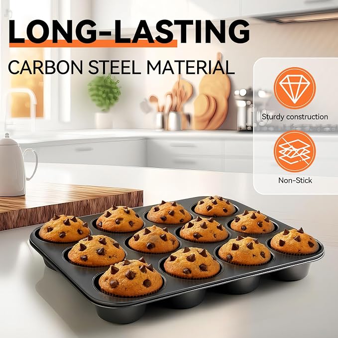 Yoehka 2 Pack Muffin Pan for Baking, Non-stick Cupcake Pan Set, Black | Standard 12-Cups Muffin Tin for Baking Cupcakes, Carbon Steel Baking Supplies - Image 4