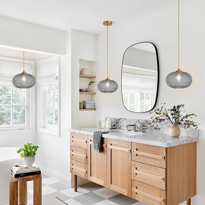 KCO Lighting Large Glass Pendant Lights Kitchen Island Brass Gold Pendant Light Gold Globe Hanging Light Smoked Striped Glass Pendant Light Mid Century Modern Dining Room Light Fixture - Image 4
