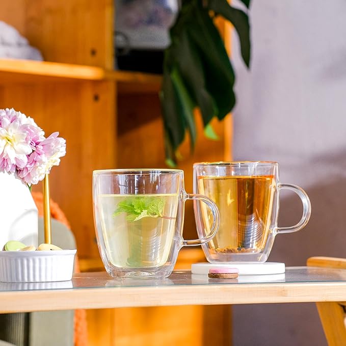 Double Wall Insulated Glass Coffee Mugs set of 4-13.5 oz Clear Hand Blown Glass Coffee Cups with Handle for Cappuccino, Latte,Espresso,Tea Bags,Americano,Beverages, Coffee Lovers Gifts