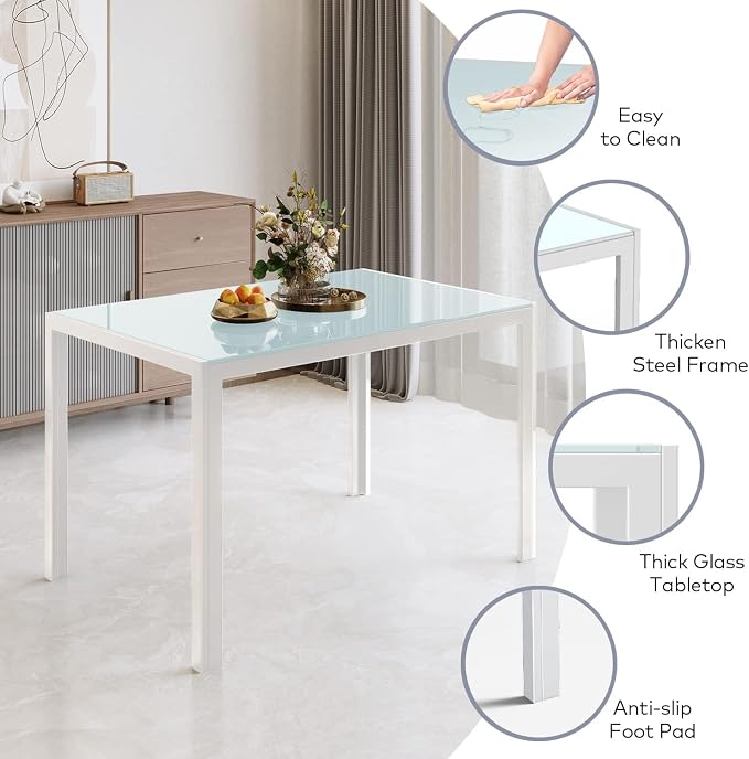 Gizoon White 7 Piece Glass Dining Table Set, Kitchen Table and Chairs Set | PU Leather Modern Dining Room Furniture,Dining Table Sets,Space Saving Table and Chairs Set for Home, Kitchen, Living Room - Image 5