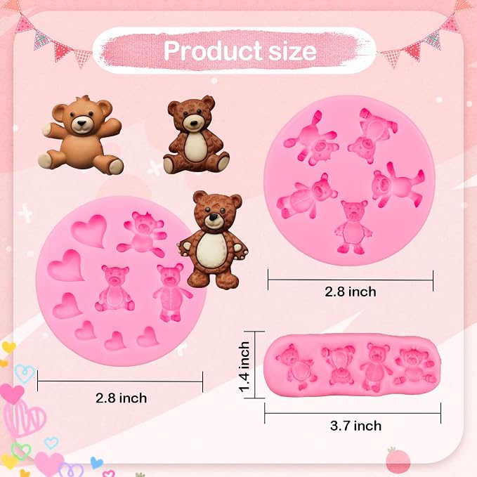 MEMOVAN Bear Silicone Fondant Mold 3pcs Bears Candy Chocolate Molds For Teddy Bear Cake Decoration Cupcake Topper Polymer Clay Resin Epoxy Gum Paste Mold - Image 3