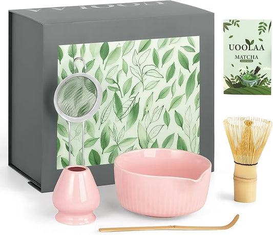 Pink Traditional Matcha Whisk Set, 5 Pcs Japanese Matcha Making Kit with Chawan, Chasen Bamboo Whisk and Holder, Scoop, Sifter - Ceramic Matcha Set Kit Gift for Ceremony Matcha Lattes Lover