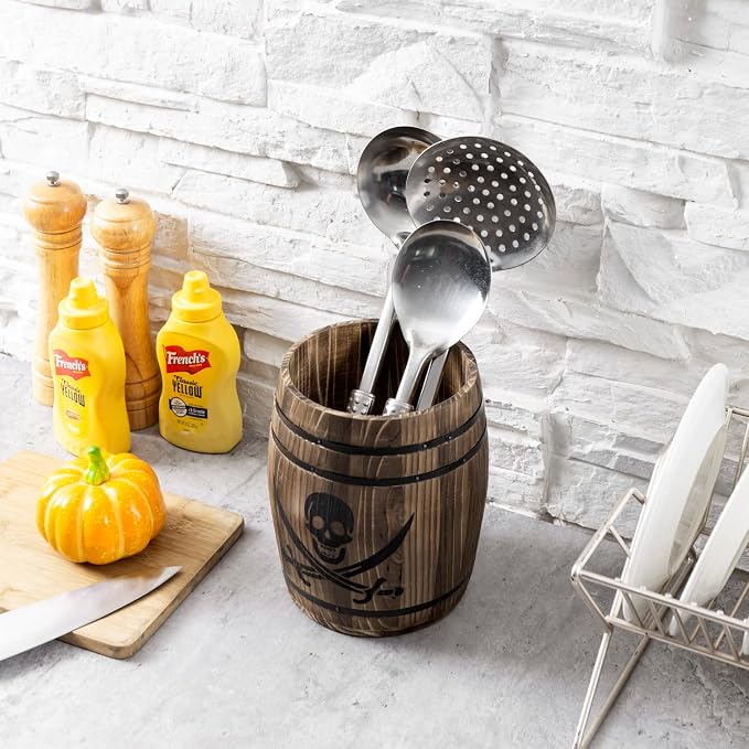 MyGift Pirate Rum Cask Utensil Crock, Rustic Burnt Wood Kitchen Holder | Bring pirate-inspired charm to the kitchen with a rustic burnt wood rum cask utensil crock featuring a skull and cutlass - Image 4