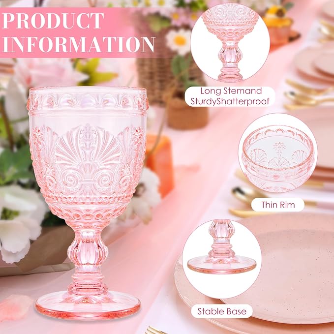 6 Pcs Pink Wine Glasses,Goblet Glasses,Vintage Glassware, Made of Sturdy and Durable Glass Can be Used for Weddings, Everyday Fun Parties and More! - Image 3