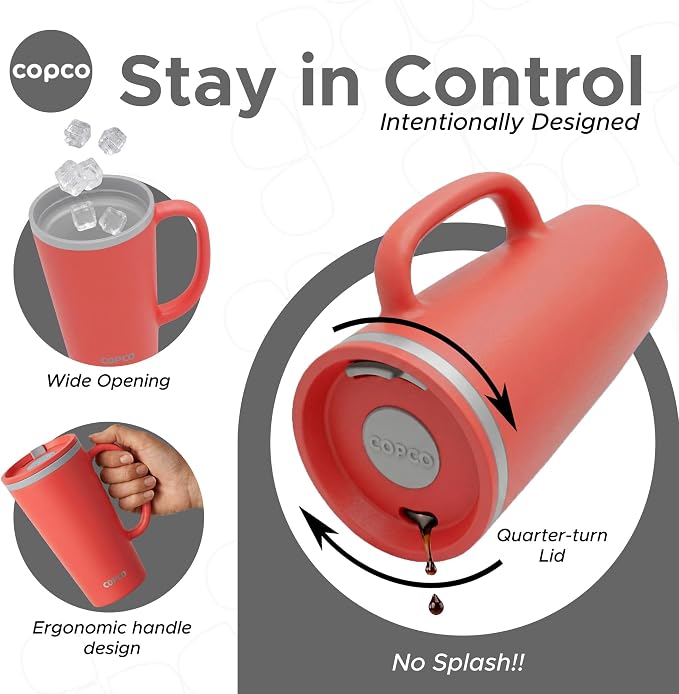 Copco Cone Desk Mugs, 16 Oz - Coral Red & Blue, Set of 2 | Double Wall Insulated Mugs with Twist Lids, Spill Resistant Drinkware with Handles for Home Office, Work, Tea & Beverages - Image 6