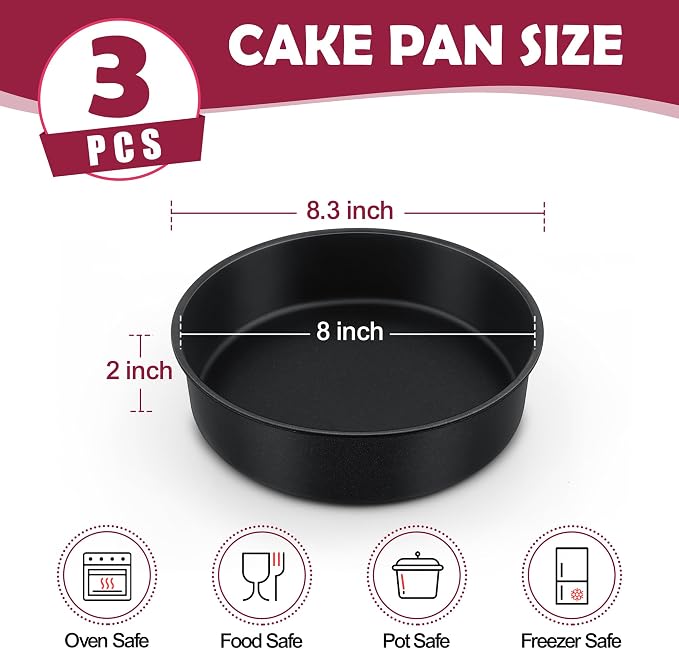 E-far 8 Inch Cake Pan Set of 3, Nonstick Round Baking Layer Cake Pans, Stainless Steel Core & Non-Toxic Coating, 2 Inch Deep (Black) - Image 2