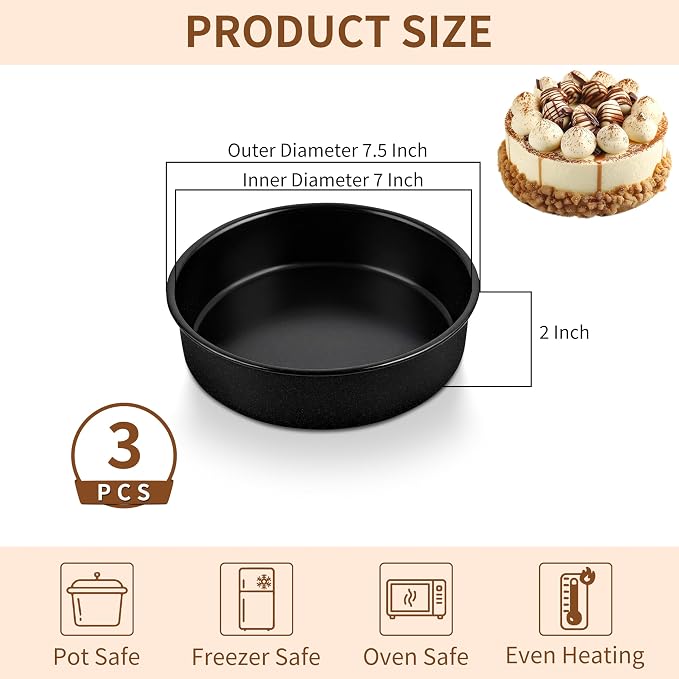 P&P CHEF 7 Inch Cake Pan Set of 3, Non-Stick Round Cake Pans | Round Cake Tins for Tier Smash Cakes, Baking Pans Set & Essential Bakeware, Stainless Steel Core & Leak-Proof - Image 2