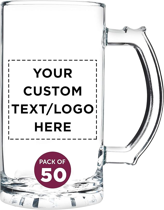 DISCOUNT PROMOS Custom Glass Beer Mug 16 oz. Set of 50, Personalized Bulk Pack - Great for Wedding Favors, Groomsmen Gifts, Birthday Gifts - Clear Bottom Color