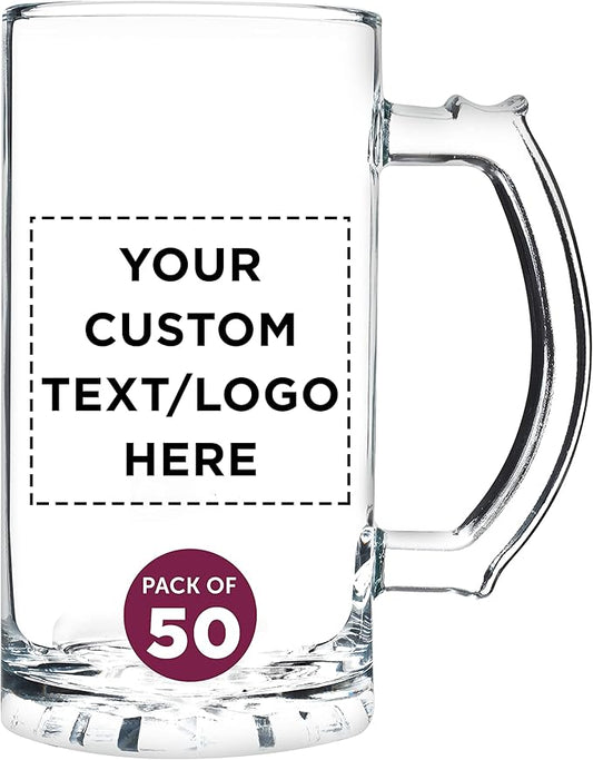 DISCOUNT PROMOS Custom Glass Beer Mug 16 oz. Set of 50, Personalized Bulk Pack - Great for Wedding Favors, Groomsmen Gifts, Birthday Gifts - Clear Bottom Color