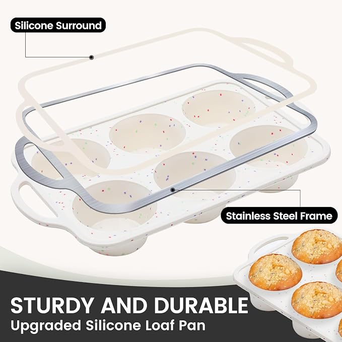 Vinino Jumbo Muffin Pan with Metal Reinforced Frame-1Pack, Large Silicone Cupcake Pan for Baking 6 Cup Jumbo Size, Silicone Muffin Tray, Cupcake Baking Pan Molds for Oven Dishwasher Safe-Cream - Image 2