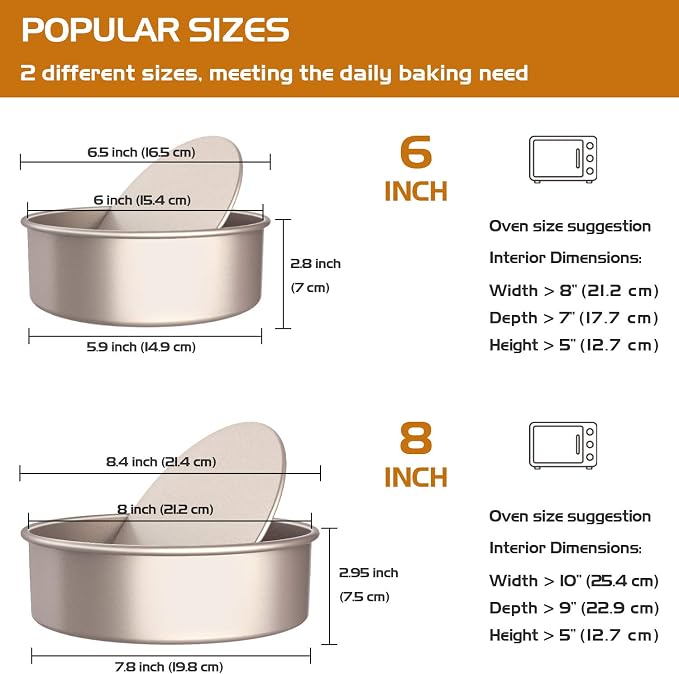 CHEFMADE Round Cake Pan Set, 6-Inch and 8-Inch with Removable Loose Bottom | Nonstick Chiffon Bakeware for Oven and Instant Pot Baking. Ideal for chiffon, angel food, and sponge cakes (Champagne Gold) - Image 2