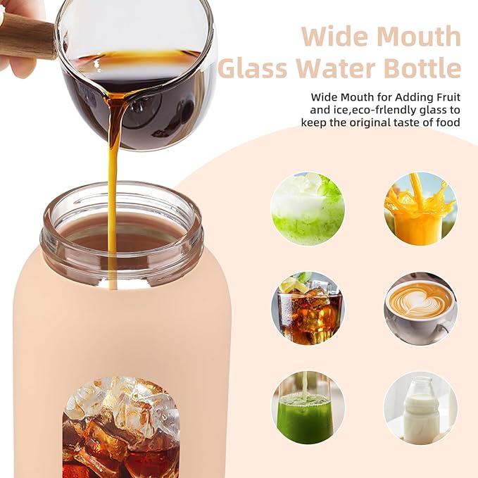 24 oz Glass Water Bottle with 2 Lids-Handle Straw Lid & Bamboo Lid,1 Liter Motivataional Tumbler Water Bottle Time Marker, Borosilicate Glass Water Bottles With Silicone Sleeve, Leakproof