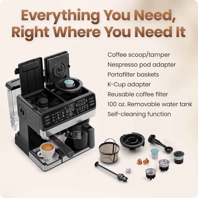 Chefman Coffee Maker Espresso Machine Combo, 8-in-1 Coffee Station with Automatic Milk Frother for Lattes, Cappuccinos, Macchiatos, 20-Bar Pump, 12-Cup Carafe & 3L Water Tank - Black - Image 8
