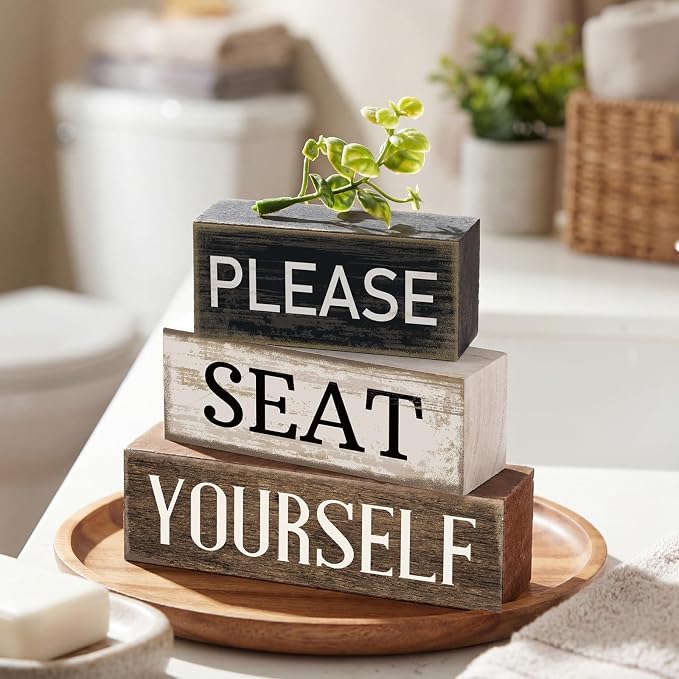 Moucuny 4 Pcs Bathroom Shelf Decor Farmhouse Bathroom Decor and Accessories Please Seat Yourself Sign Rustic Eucalyptus Leaves Wood Block Sign Gift Home Table Centerpiece for Home Office - Image 2