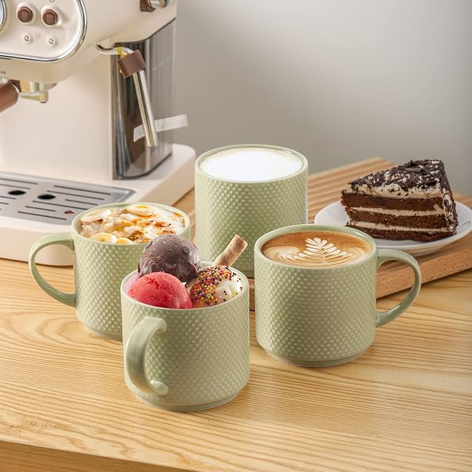 HASENSE Coffee Mugs Set with rack, 15 Ounce Porcelain Stackable Large Coffee Cups Set of 4 with handle for Drinks Like Tea, Cappuccino, Milk, Mocha and Cereal, Microwave & Dishwasher Safe, Green - Image 6
