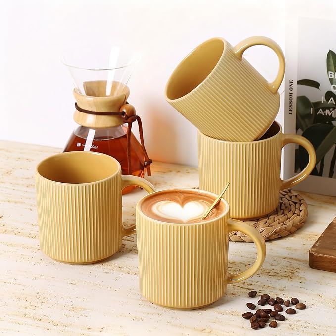MONITO 16Oz Coffee Mugs Set of 4, Rustic Ceramic Coffee Cups Set with Large Handle, Vintage Striped Stoneware Coffee Mugs for Latte, Cocoa, Tea, Milk, Microwave & Dishwasher Safe, Lemon Yellow - Image 6