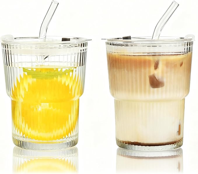 Haundry 14 oz Ribbed Glass cups with Lids and Straws, 2 Pack Iced Coffee Cups, Thickened Glassware Set, Ripple Design Glass Cups for Coffee, Soda, Smoothies, Cocktails and Juice