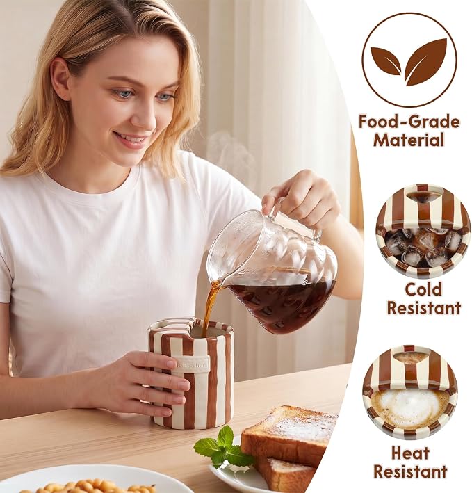 10oz Ceramic Coffee Mug with Sip Hole, Striped Espresso Cups for Hot & Cold Drinks and Microwave & Dishwasher & Freezer Safe, Ideal for Home Desk Kitchen Office Dorm Cafe Travel Daily - Brown - Image 2